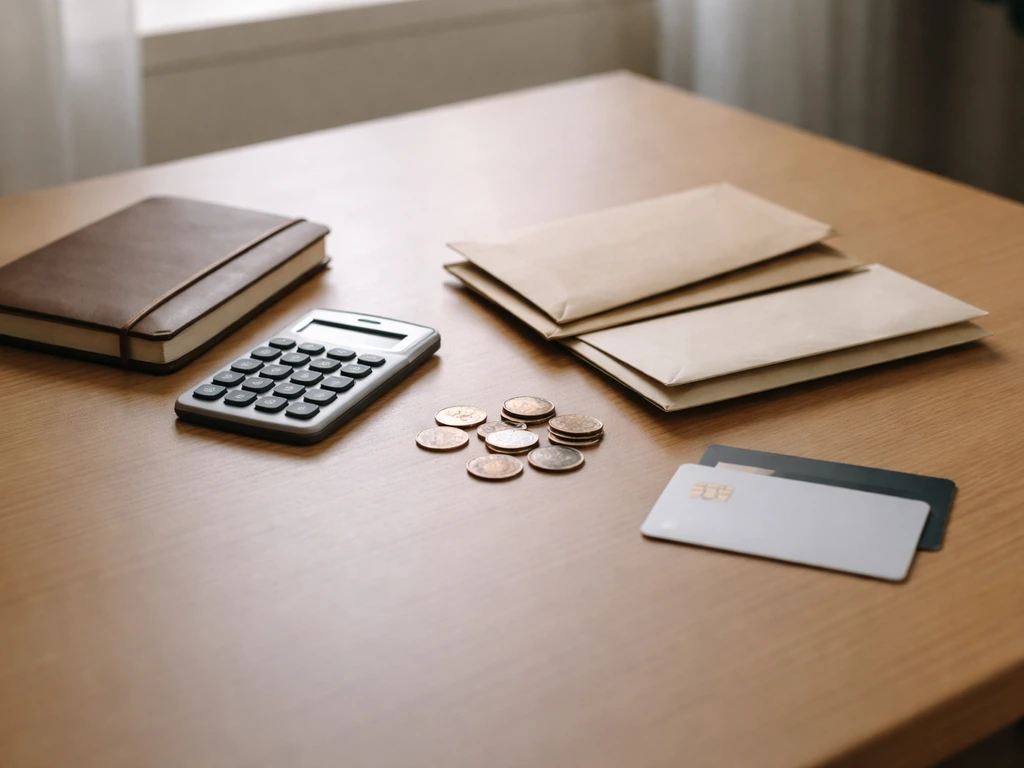 Minimal office desk with calculator, open notebook, and neatly arranged cash and cards symbolizing net worth drivers.