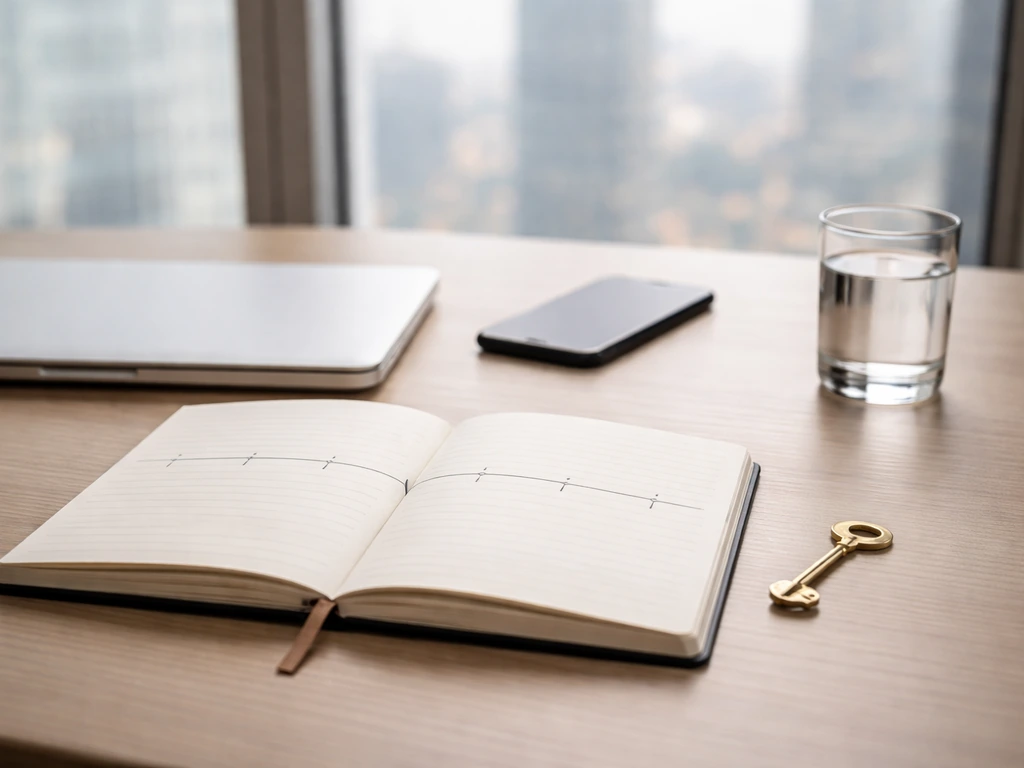 Minimal executive desk with a blank timeline notebook, laptop, and key in a bright office setting.