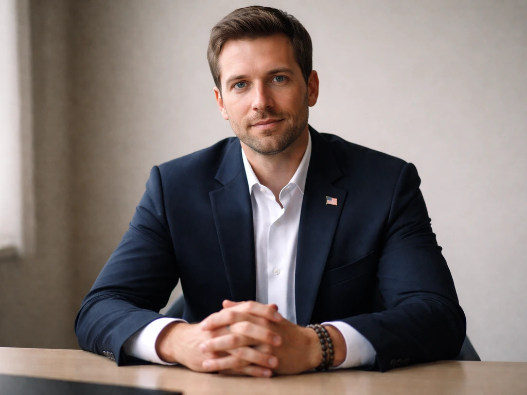 A suited man in a simple office with a soft American flag pin, neutral background