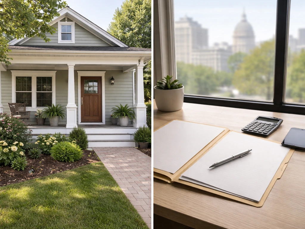 Minimal split-scene showing a house exterior and a business finance desk with documents and a pen