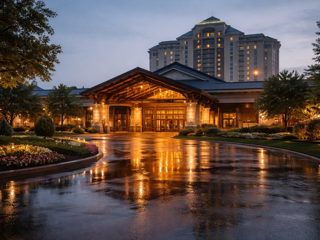 Exterior view of Turning Stone Resort Casino with warm evening lights and landscaping, no people.