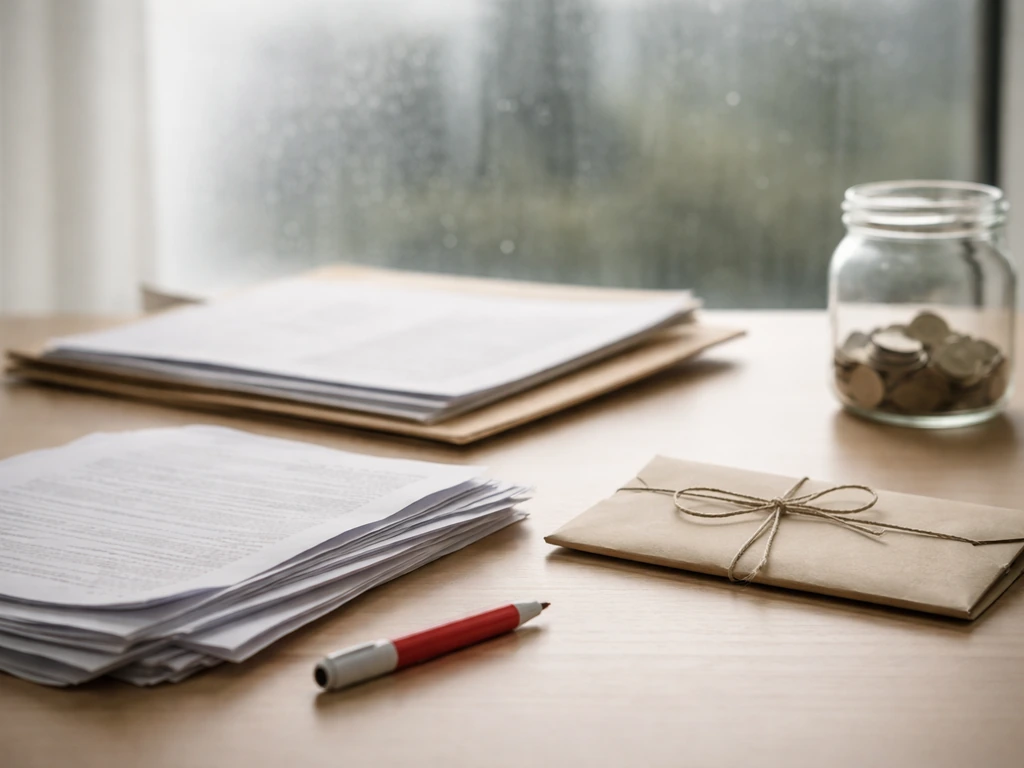 Desk scene with crumpled papers, tied envelope, and coins jar suggesting financial liabilities and risk.