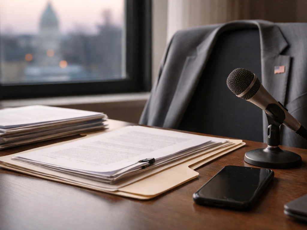 Minimal desk scene with paperwork, phone, and microphone, patriotic pin, city view—symbolic finance and media analysis.