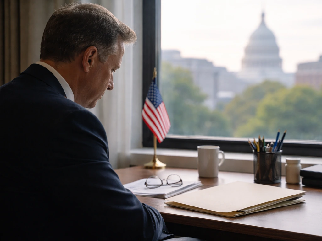 Anonymous suited executive in a Washington office with American flag and mission-themed desk items in soft light.