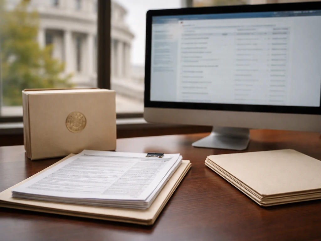 Close-up of IRS Form 990 paperwork on a desk with a blurred nonprofit filing screen in the background.