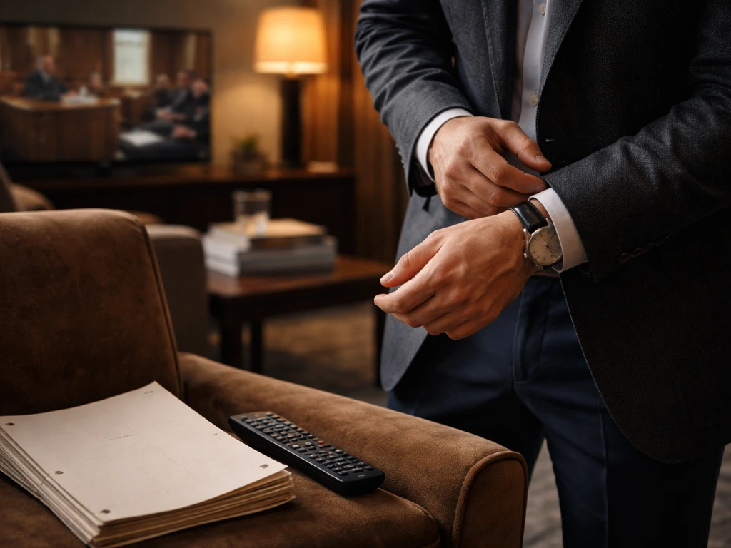 Anonymous man adjusts a blazer in an upscale office lounge with a blank script and a softly blurred TV drama set.
