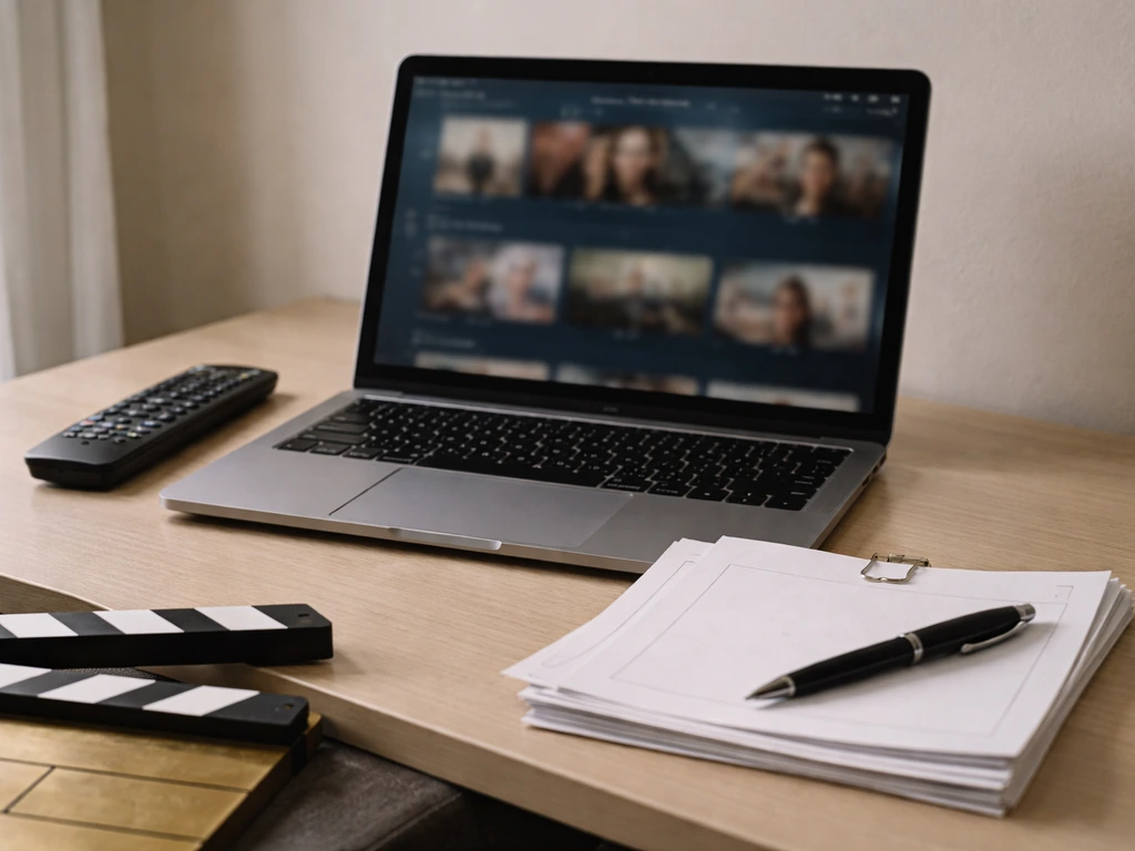 Minimal desk scene with a TV remote and laptop beside neatly arranged scripts, symbolizing TV acting income drivers