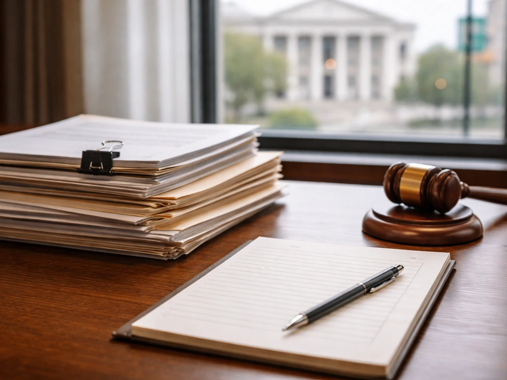 Close-up of legal documents and a gavel on a desk by a window, suggesting analysis of public records for net worth.