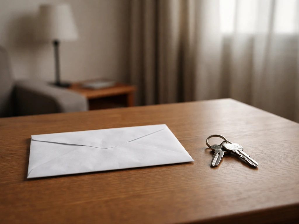 Minimal desk scene with a plain mail envelope and modest home keys, symbolizing a modest public footprint