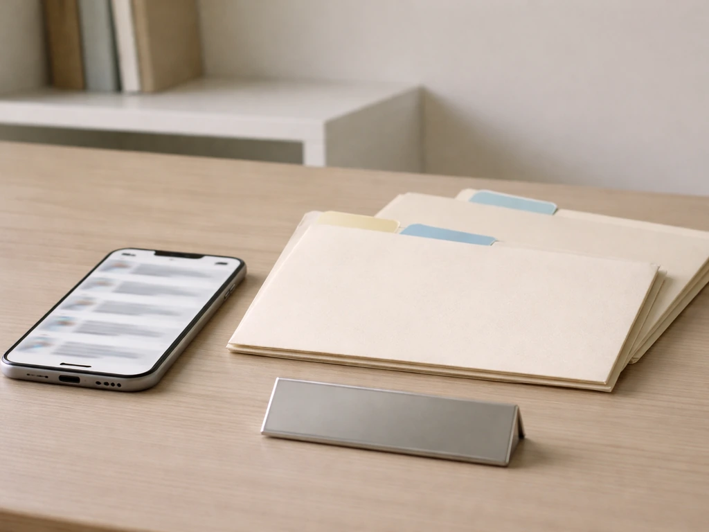 Minimal desk scene with blurred smartphone search results and overlapping folders suggesting name confusion.
