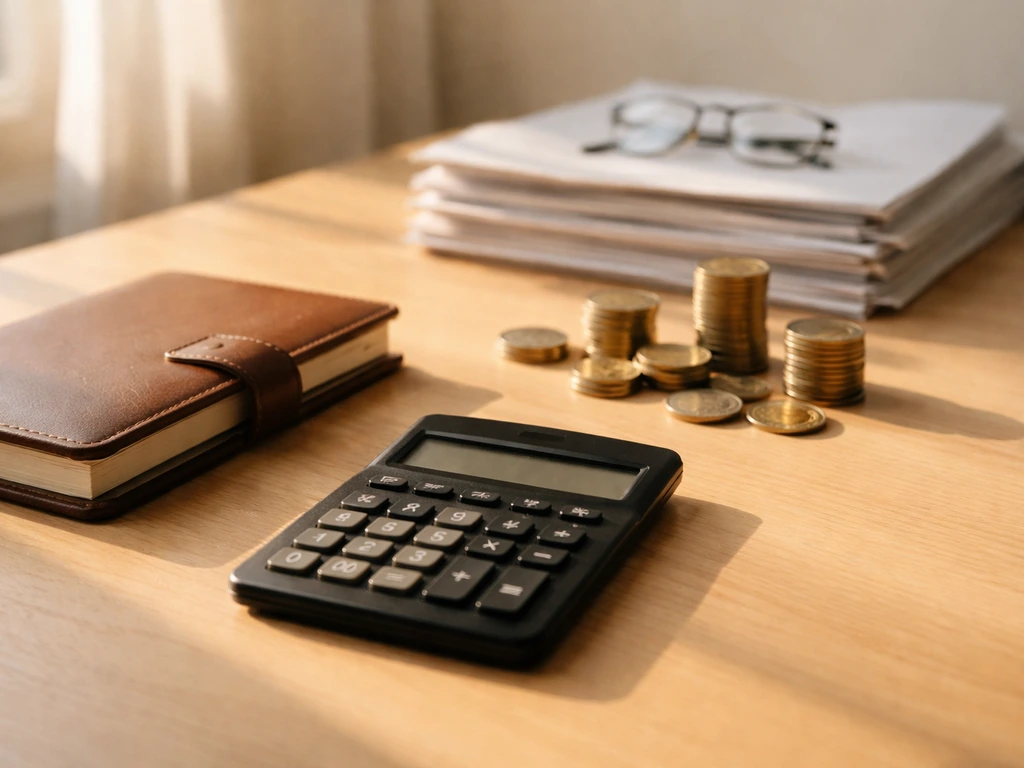 Minimal photo of a calculator beside a notebook with scattered coins, symbolizing assets minus liabilities.