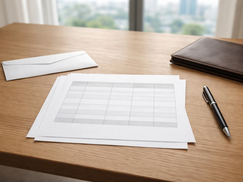 Close-up of a desk with blank compensation papers, envelope, and pen in natural light.