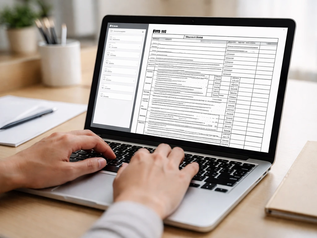 Close-up of a laptop showing a generic nonprofit tax form interface and search workflow