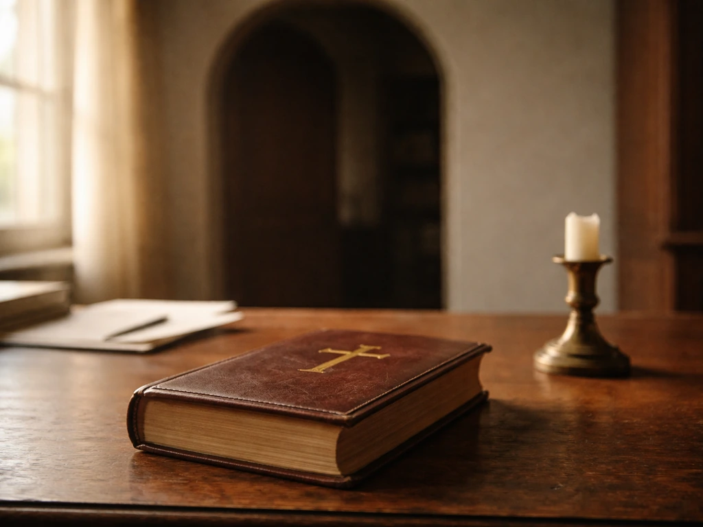 Quiet synagogue study setting with framed religious book and warm light, symbolizing a Hasidic leader’s world