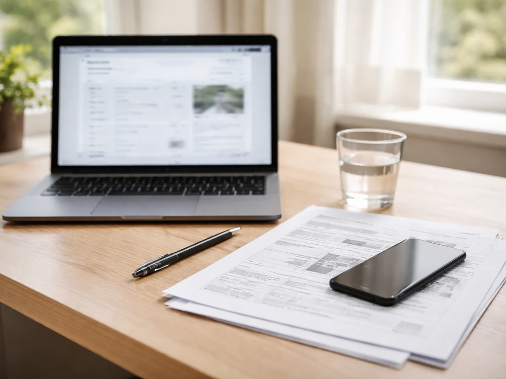 Minimal desk scene with laptop, blurred property documents, and smartphone suggesting net worth estimation workflow.