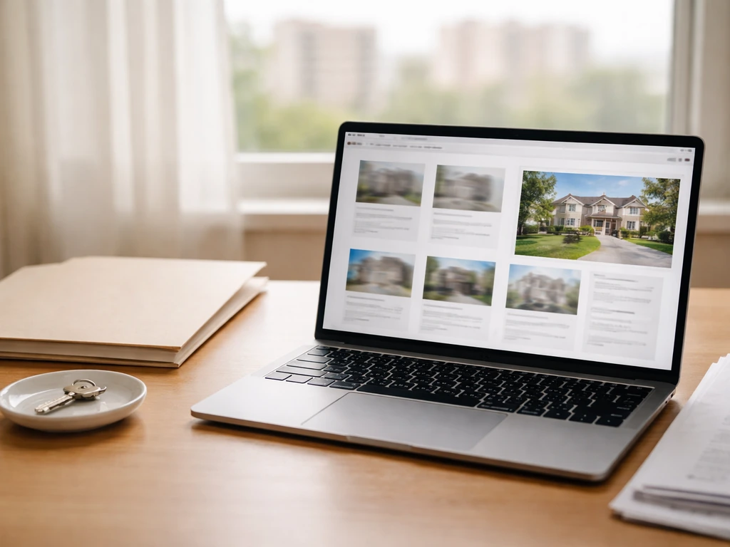 Minimal desk scene with laptop showing blurred property-record thumbnails and real-estate style images.