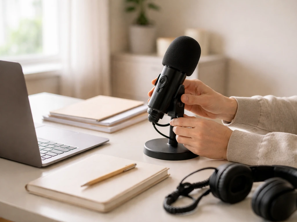 Hands adjusting a podcast microphone on a minimal desk beside a closed laptop and blank papers.