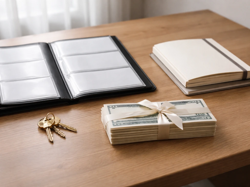 Minimal desk scene comparing pre-acquisition equity items and post-acquisition compensation items side by side.