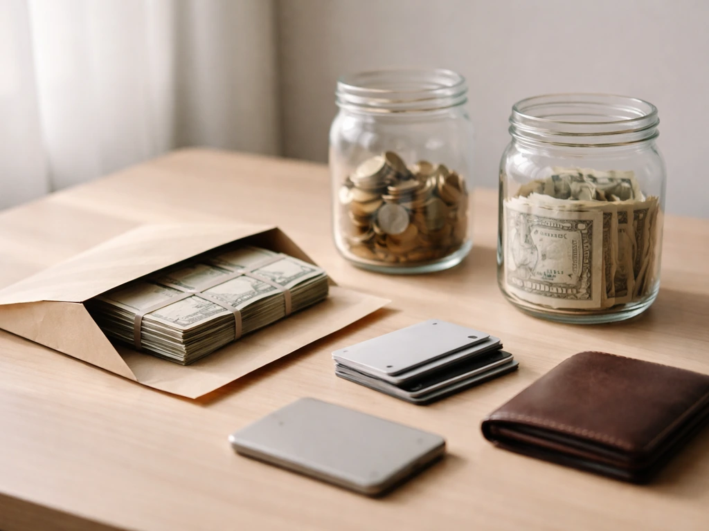 Minimal desk scene with envelopes, cards, wallet, and jars symbolizing assets minus liabilities.