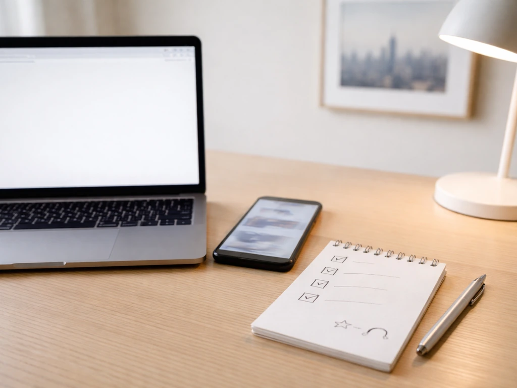 Minimal office desk with a tablet and checklist showing media and finance verification tools, no text.