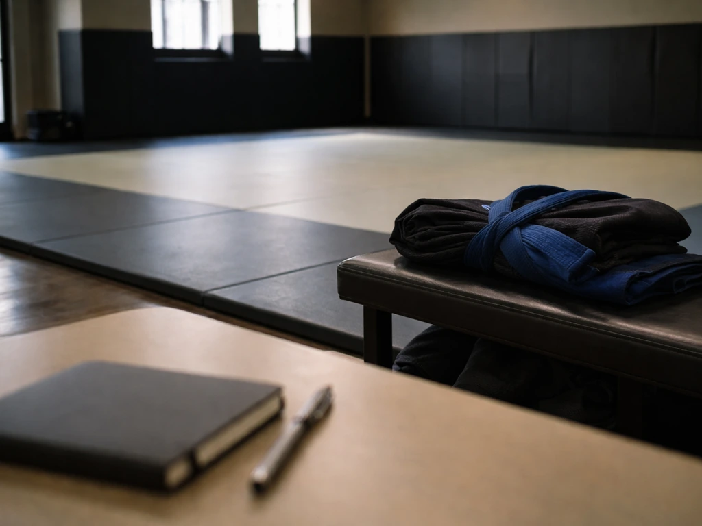 Empty BJJ gym scene with a folded gi on a bench beside a training mat, symbolizing MMA lifestyle.