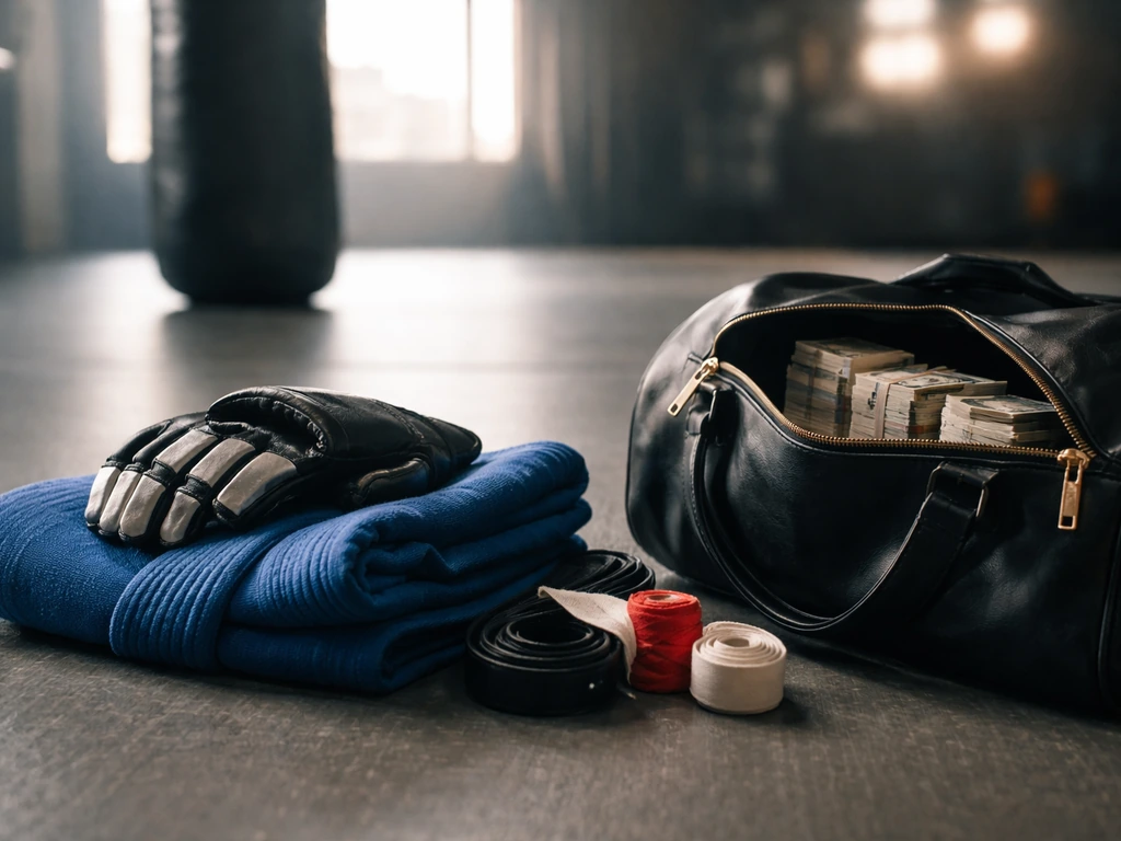 MMA and BJJ training scene with symbolic wealth cues, suggesting a pro fighter’s public profile