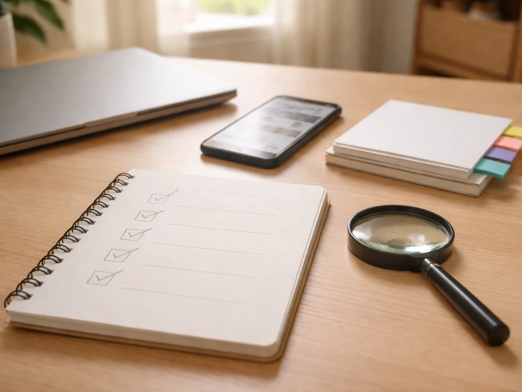 Desk scene with laptop and phone showing blurred feed, plus notebook and magnifying glass for fact-checking.