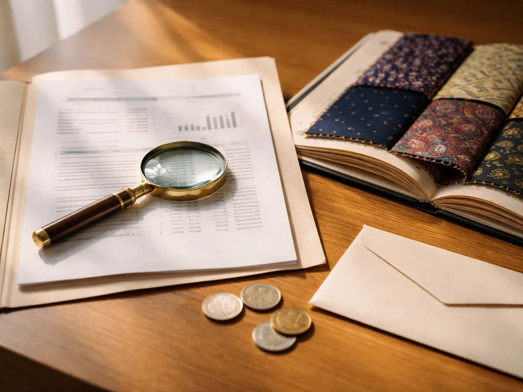 Magnifying glass over generic financial documents and vintage fashion archive items on a sunlit desk.