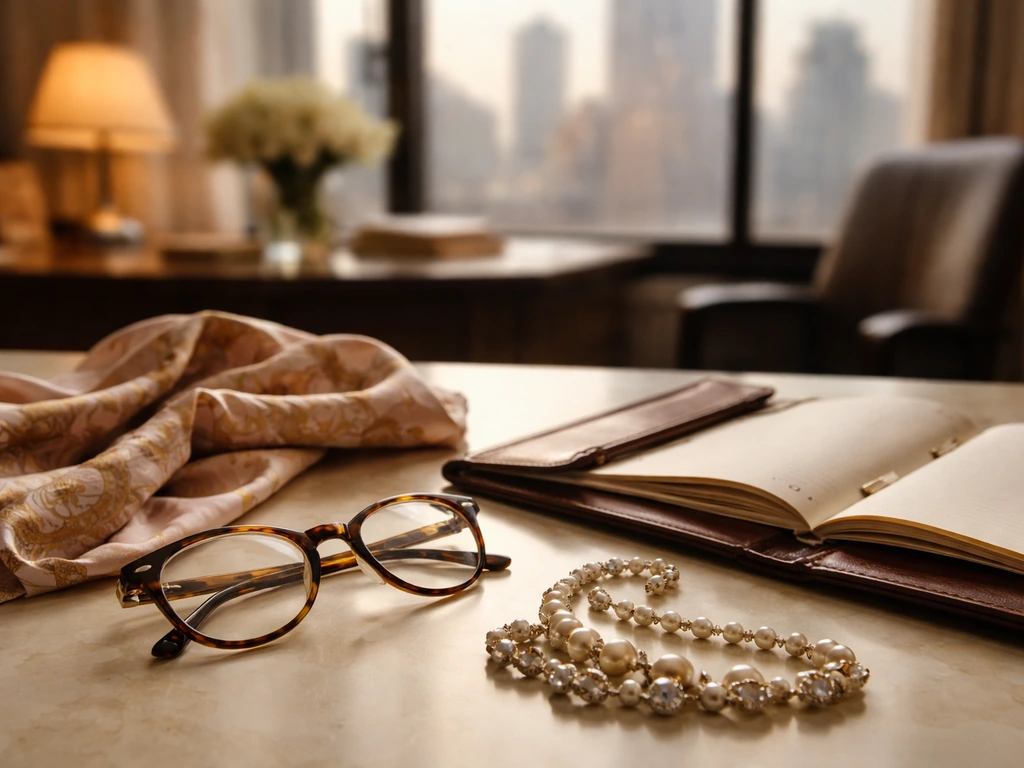 Vintage accessories and an open leather portfolio on a dressing-room table, symbolizing a couple’s intertwined careers.