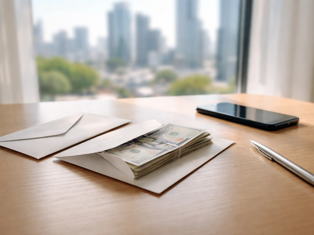 Hands-only desk scene with banknotes, envelopes, and a phone, hinting at financial estimates.
