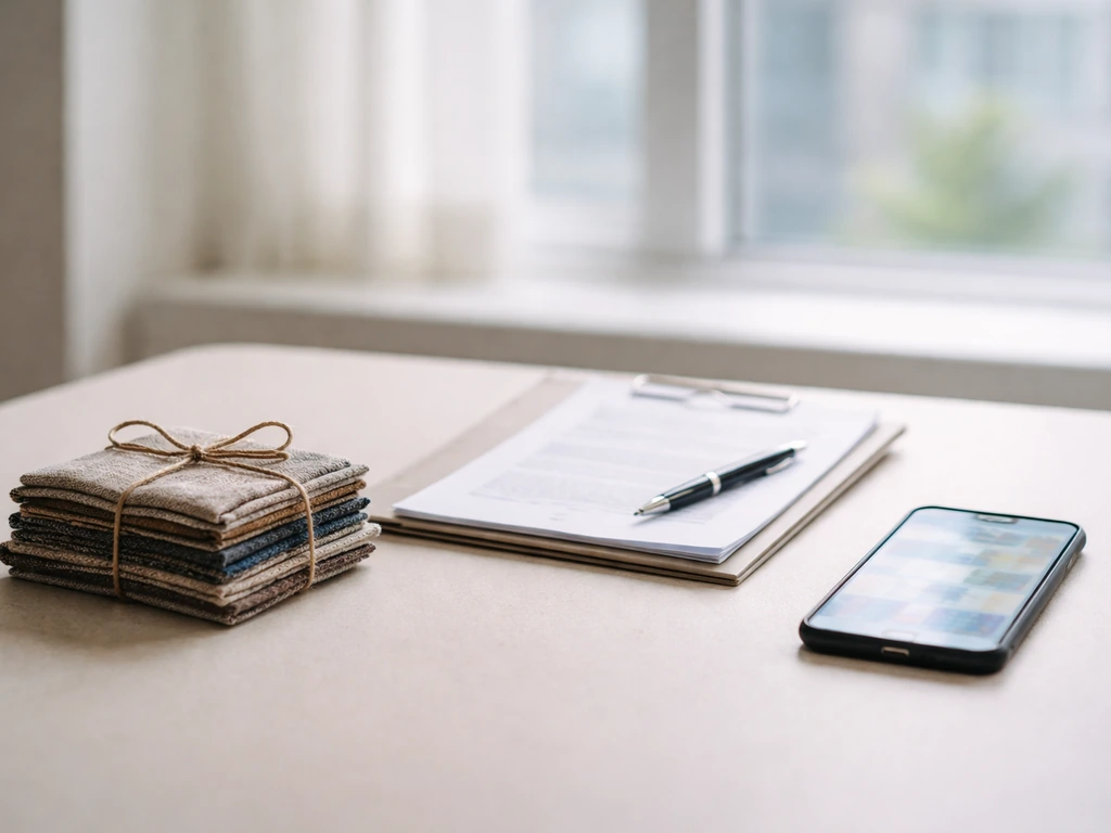 Minimal desk scene with fabric swatches, blank documents, and a blurred finance screen symbolizing income and assets.