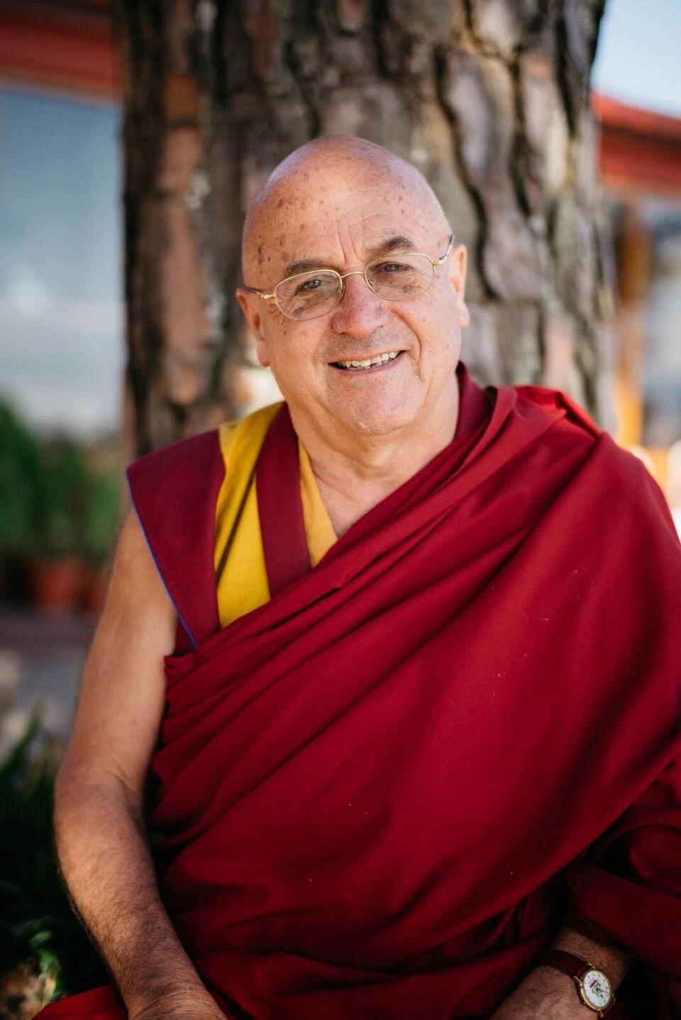 Portrait of Matthieu Ricard, smiling in Buddhist robes and glasses.