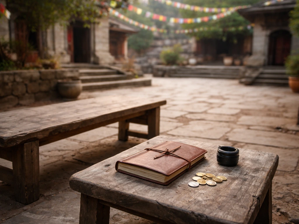 Simple view of a quiet Nepal monastery courtyard with a closed journal and coin-like objects nearby