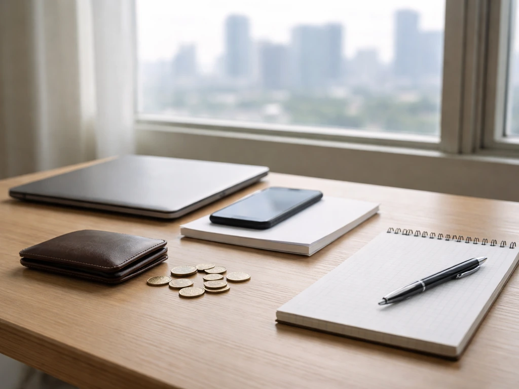 Minimal desk scene with laptop, phone, coins, and blank papers symbolizing unreliable net worth speculation.