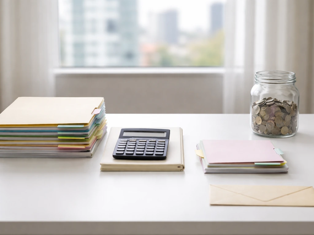 Minimal office desk with calculator and papers symbolizing assets vs liabilities, hinting missing indirect holdings.