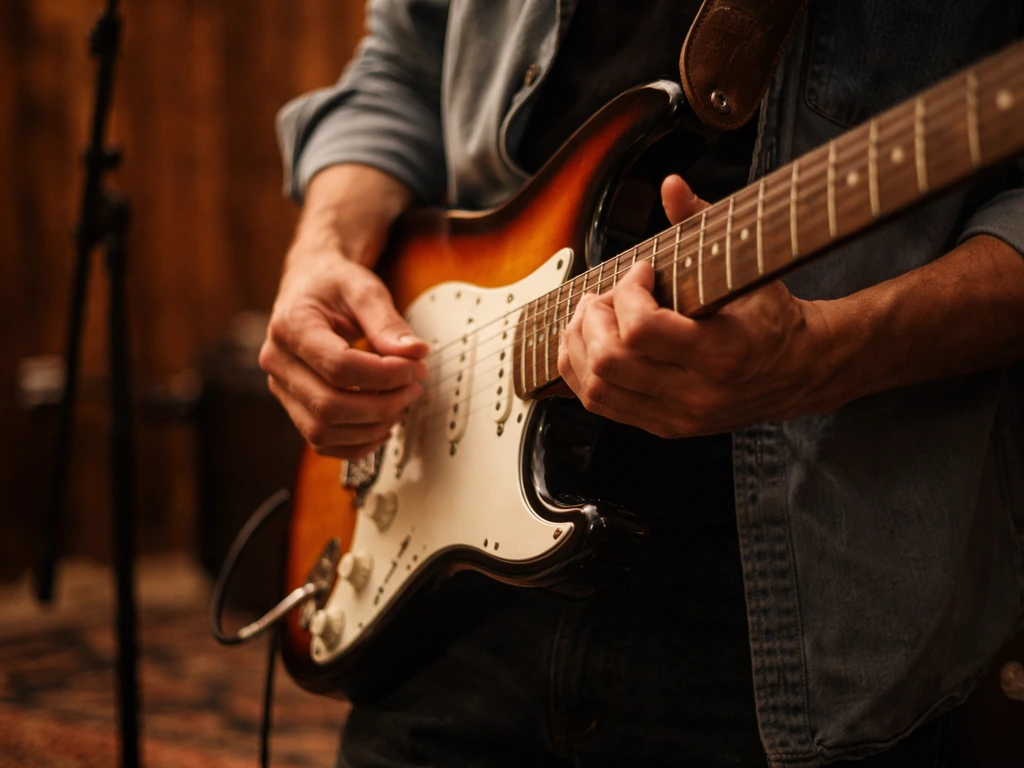 Anonymous guitarist hands playing an electric guitar in a quiet live-music room, San Francisco vibe.