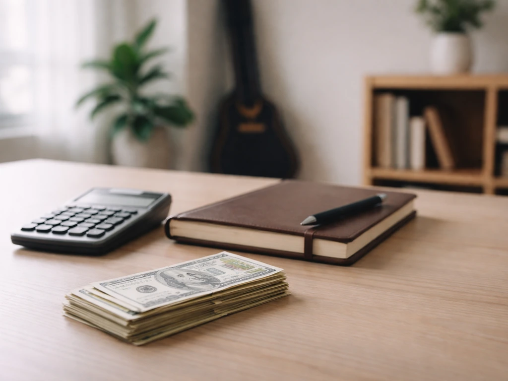 Minimal photo of a simple desk setup with notebook, calculator, and cash tones suggesting income estimation.