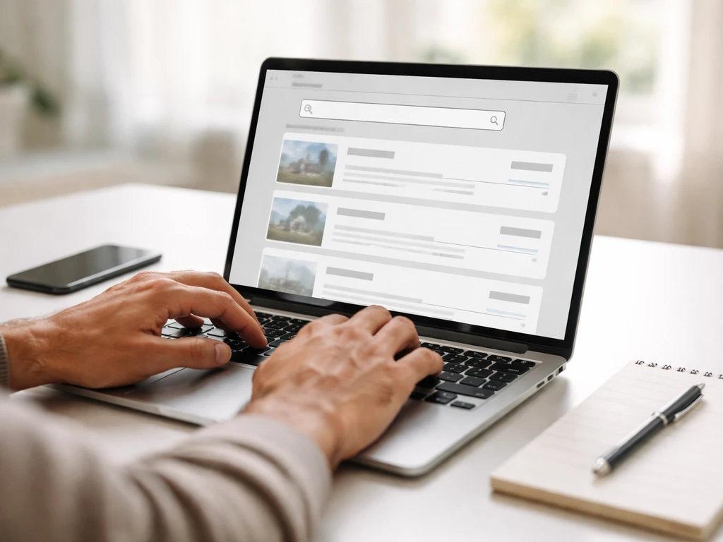 Person reviewing county property record search on a laptop, verification-focused desk scene