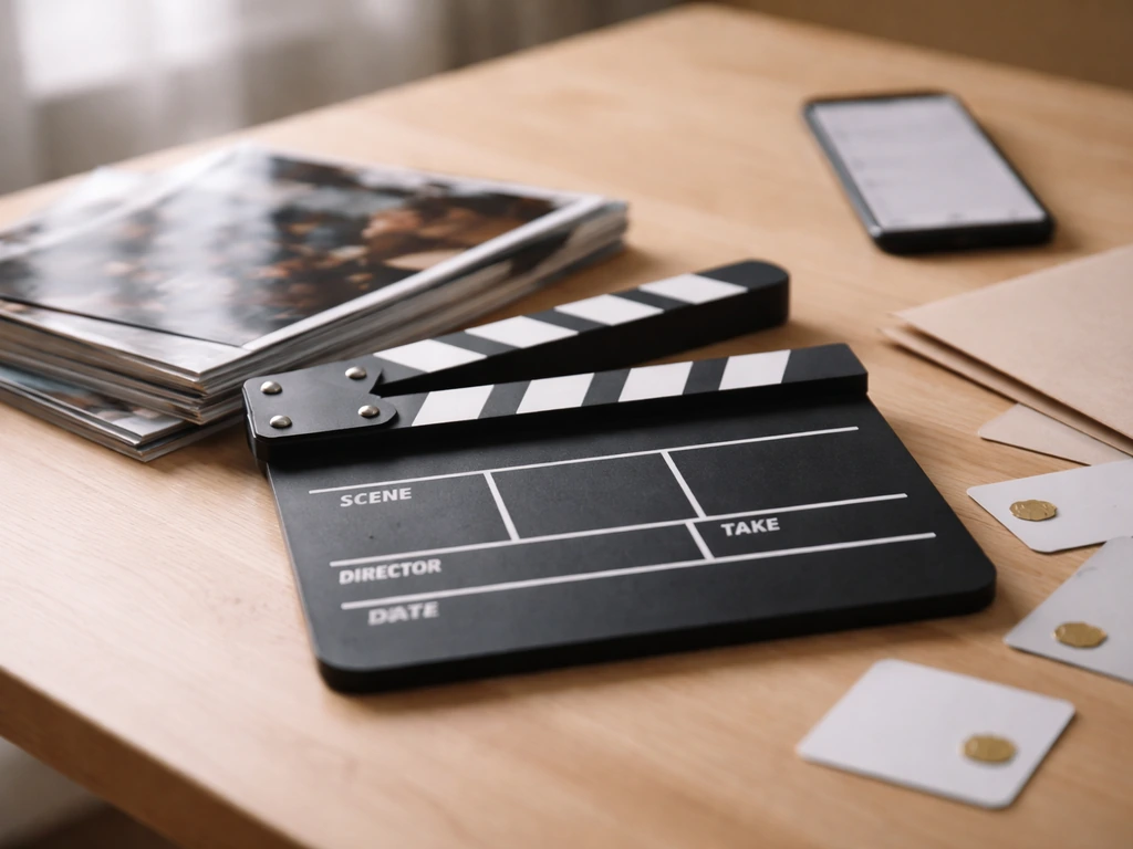 Film credits-style slate on a desk beside a stack of industry magazines about directing compensation.