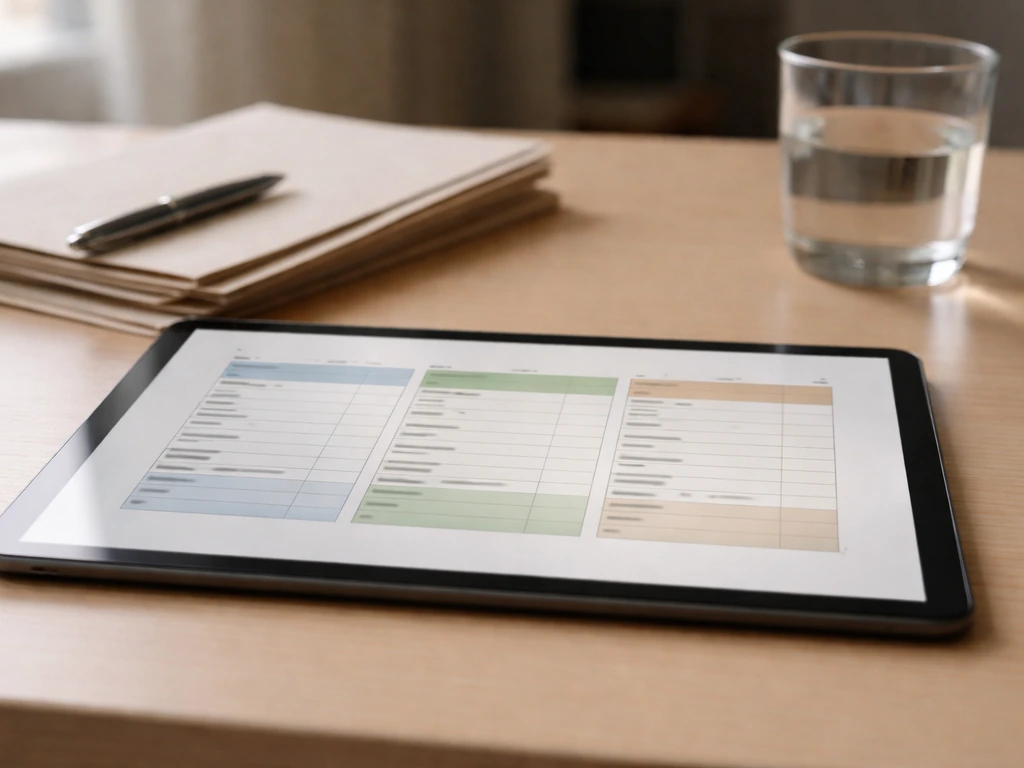 Close photo of a minimal desk setup with a tablet showing a blurred spreadsheet-style money breakdown