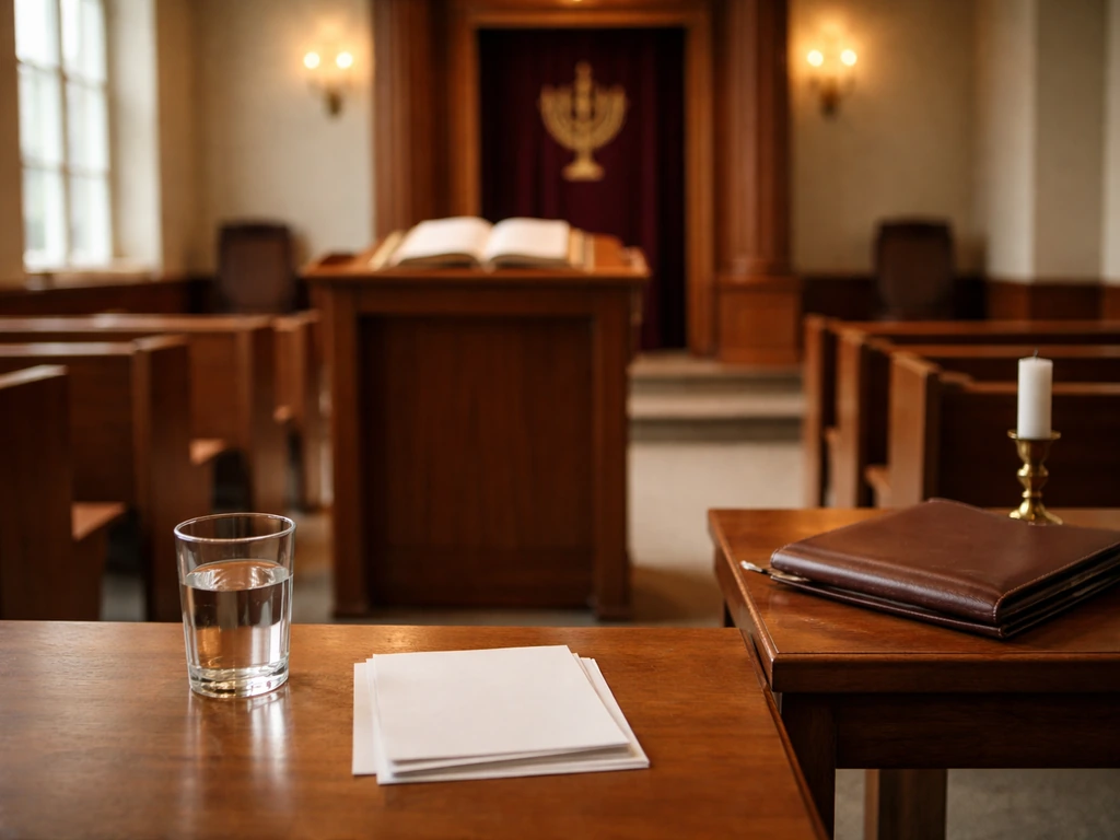 Warm synagogue interior with a lectern, open book, and minimal office items suggesting leadership and stewardship.