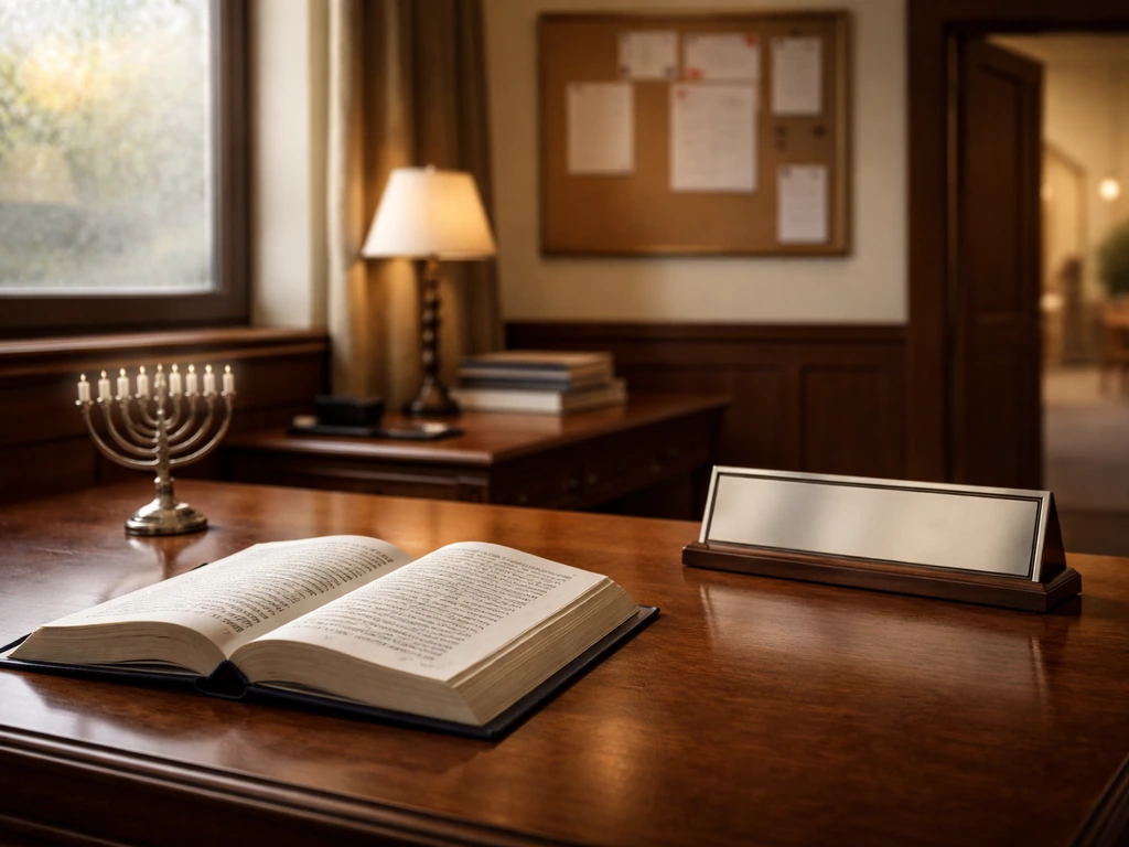 Quiet synagogue office desk with religious items, symbolizing community leadership and public profile research.