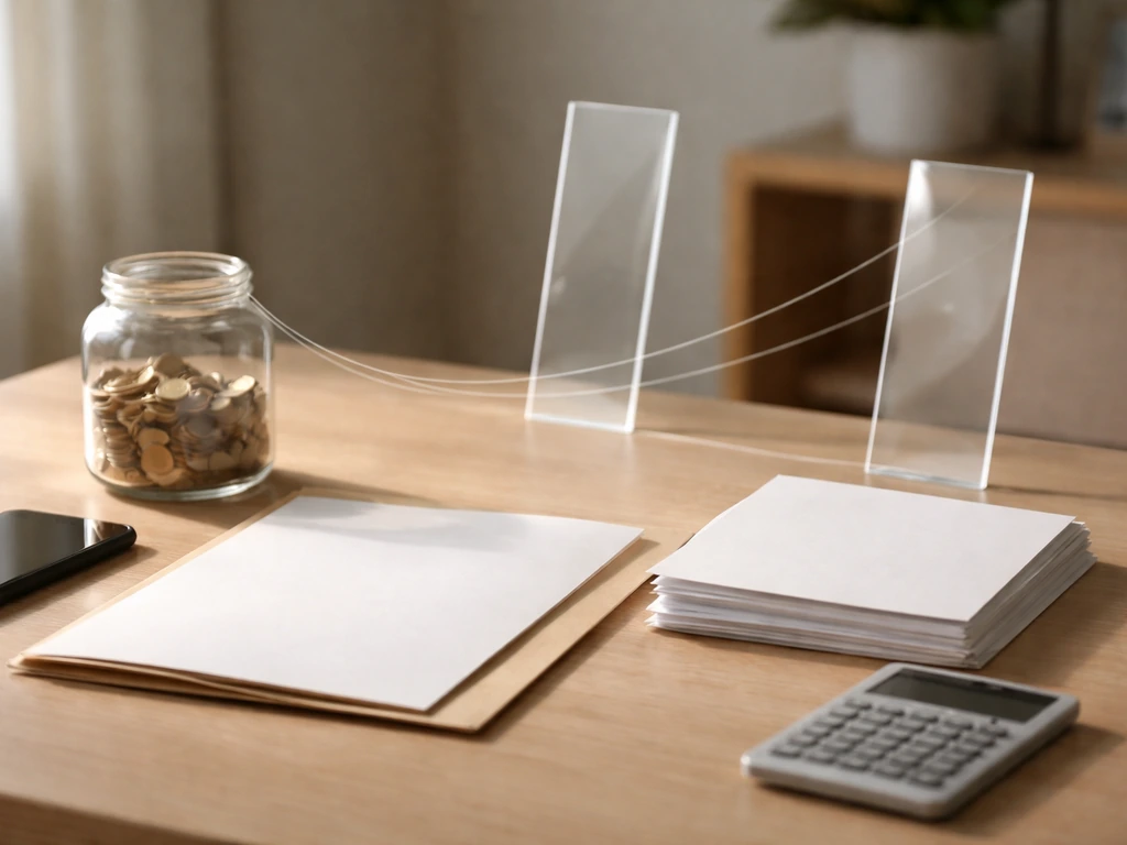 Minimal desk scene with coins, blank papers, calculator, and clear acrylic pieces suggesting a net-worth range.