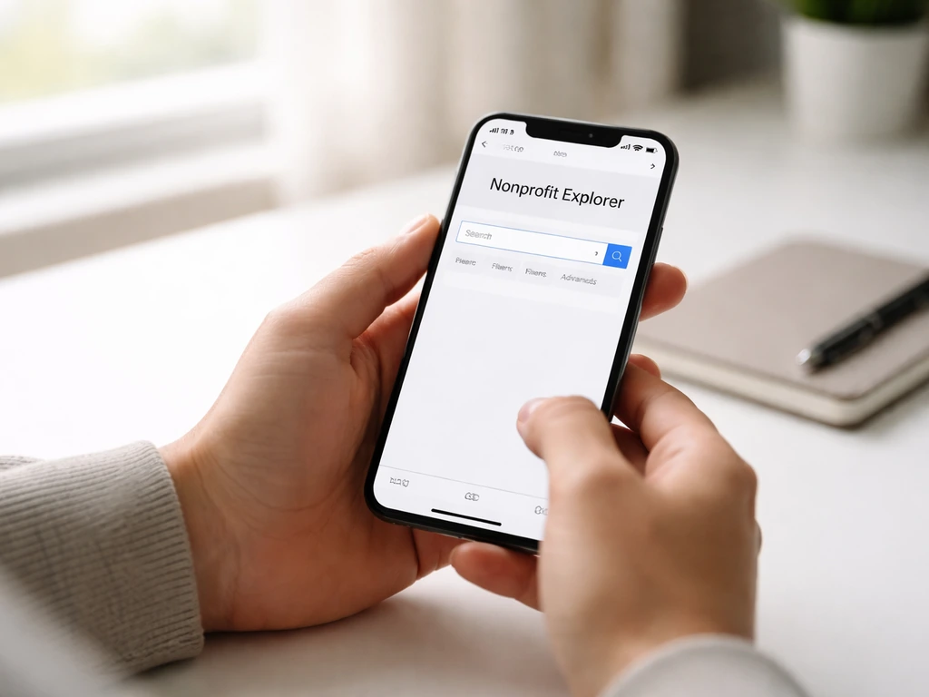 Hand holding a phone showing a web browser search for a nonprofit explorer, with a clean desk background.