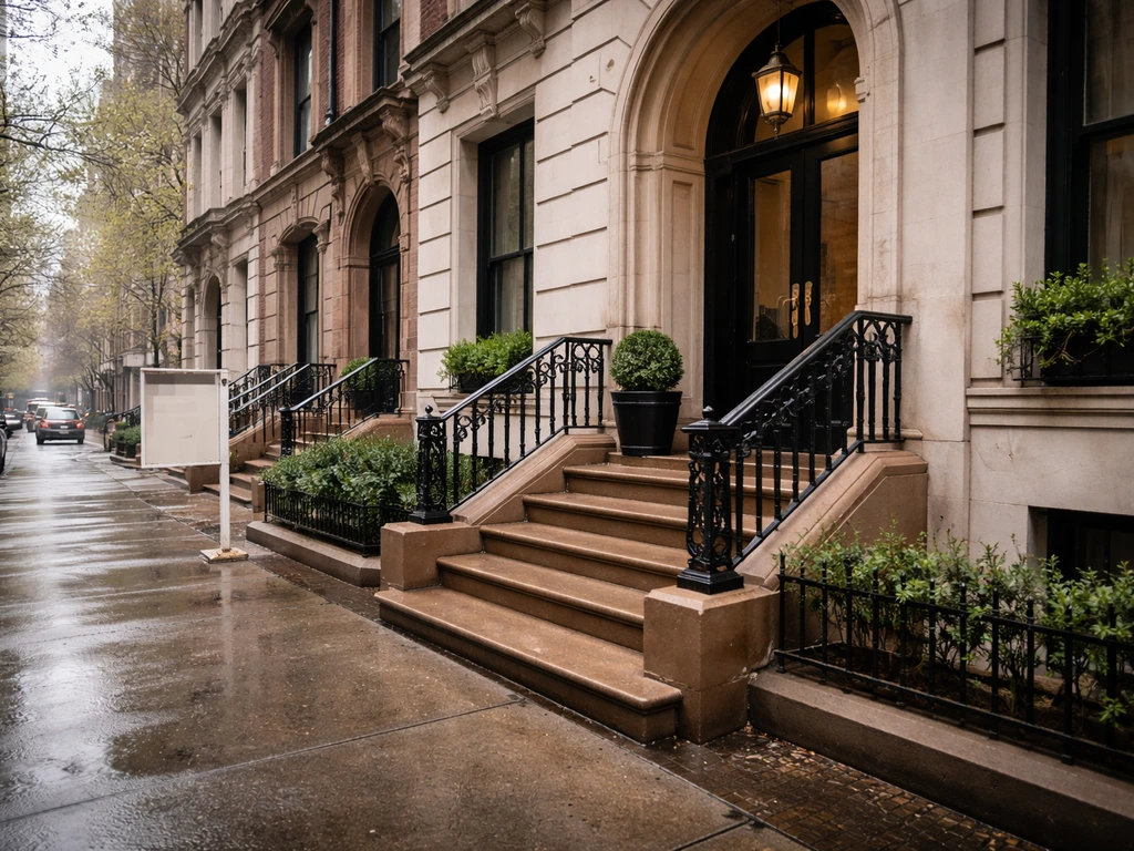 NYC brownstone and street scene suggesting a recent Manhattan co-op sale context