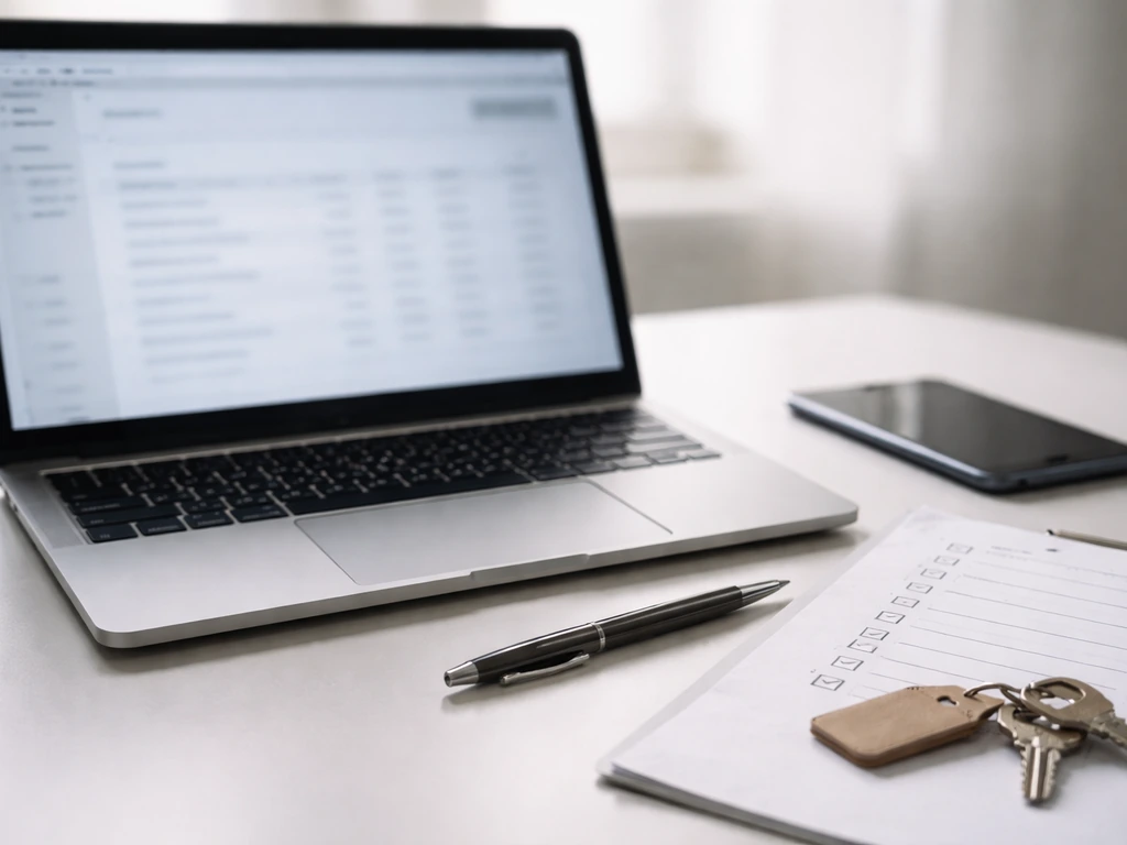 Close-up of a laptop and blank checklist on a desk, suggesting verification of finance records without readable text.