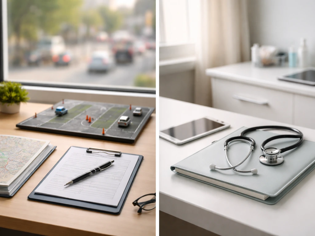 Split scene showing two professional desk setups symbolizing two different Dr. Steven Bloch candidates.