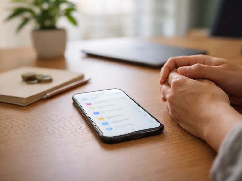 Minimal desk scene with a phone displaying a blurred business directory-style listing, symbolizing annual revenue