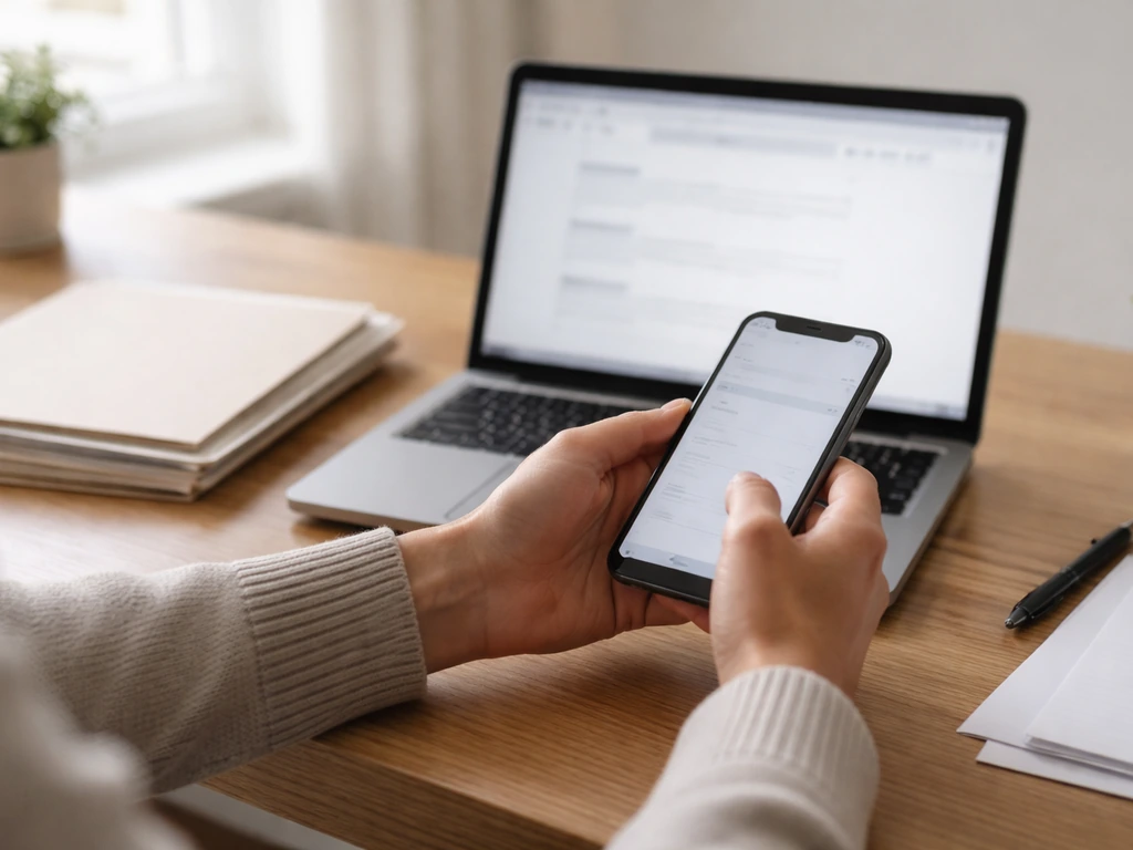 Hands comparing a laptop browser and smartphone while reviewing blank documents on a minimal desk.