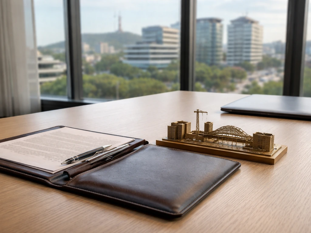 Minimal office scene with a manila folder, brass business model, and city skyline through window